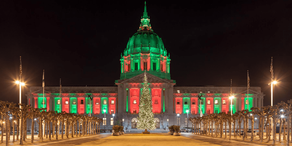 city hall during Christmas illumination show