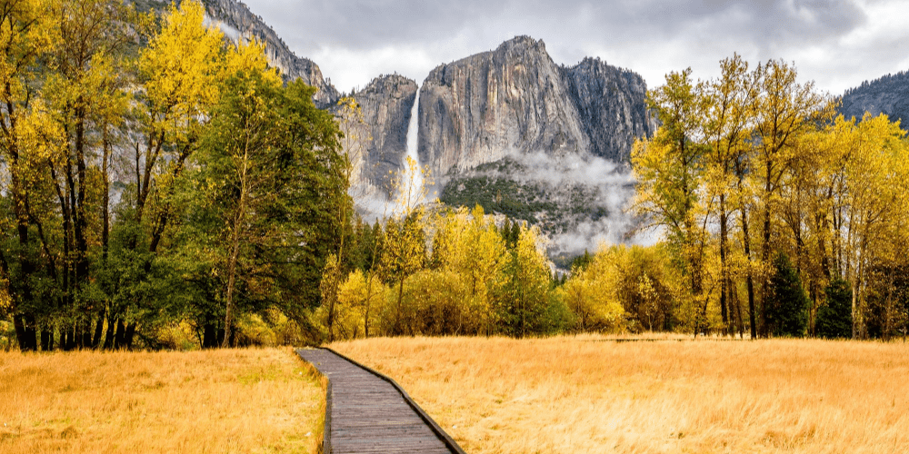 yosemite valley view during fall with yosemite waterfall and yellow forest