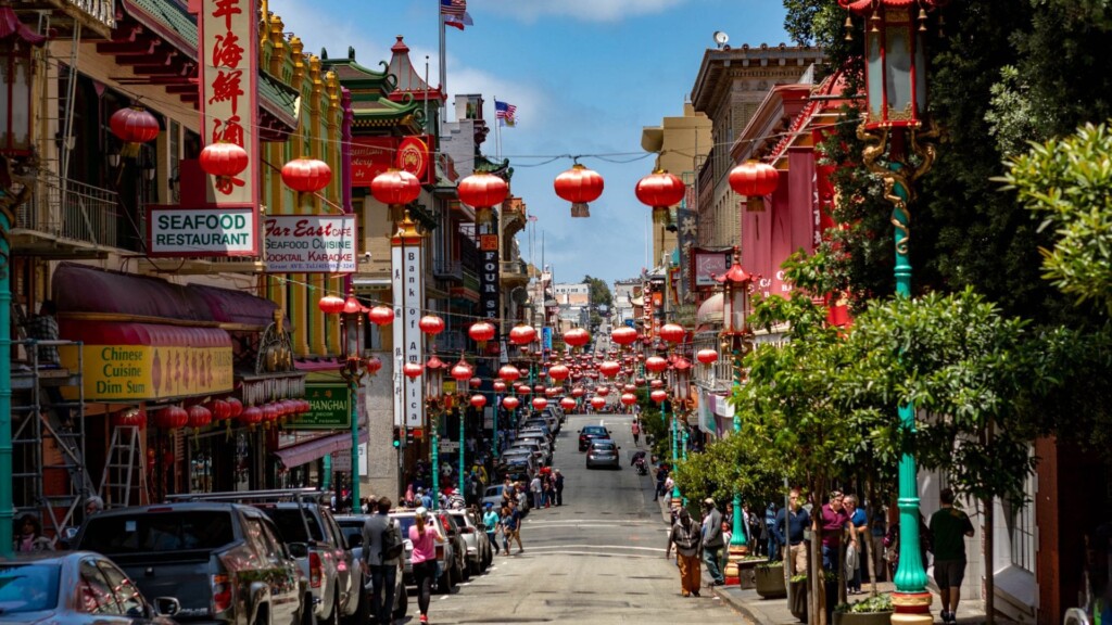 red lanterns hanging at a street in san francisco