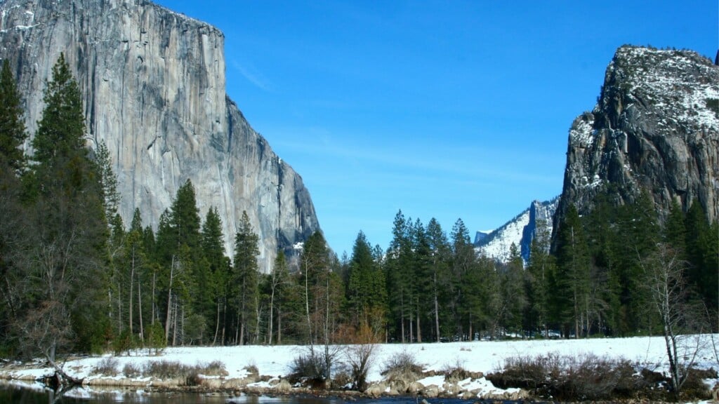 yosemite valley covered in snow