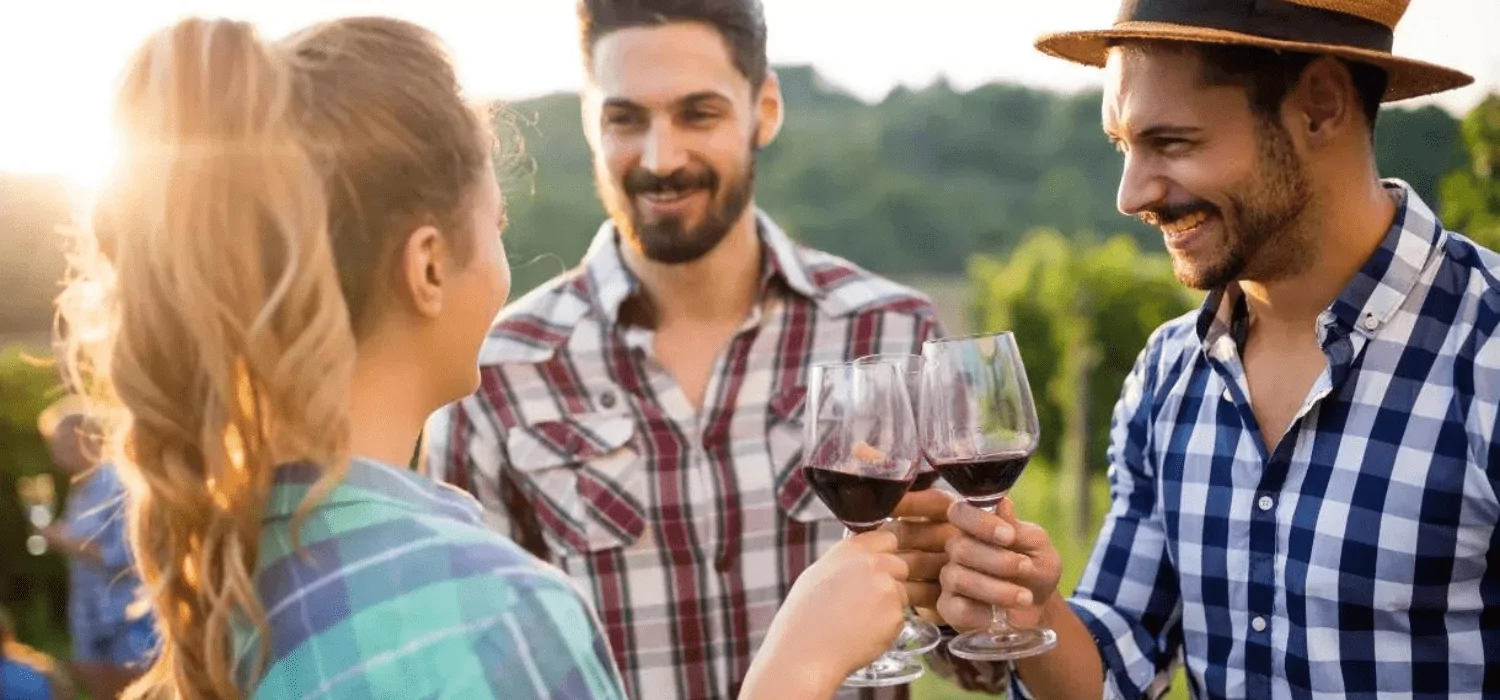 people toasting in the vineyard