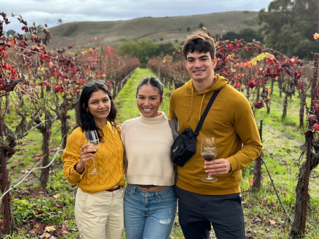 people with glasses of wine in hand standing in the middle of a vineyard  on a day trip from san francisco