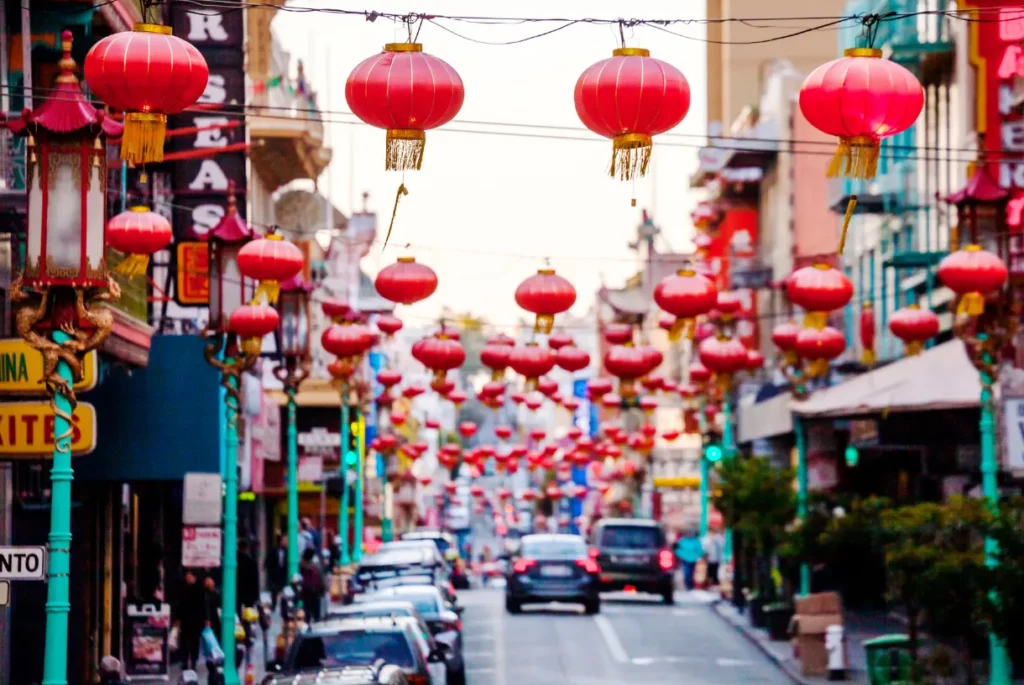 street with paper lanterns in the chinatown