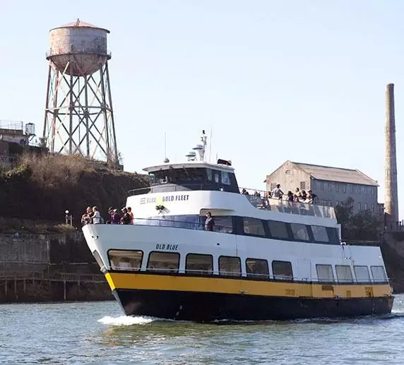 Cruise boat in front of alcatraz island