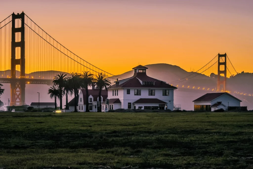 Golden Gate Bridge during orange sunset