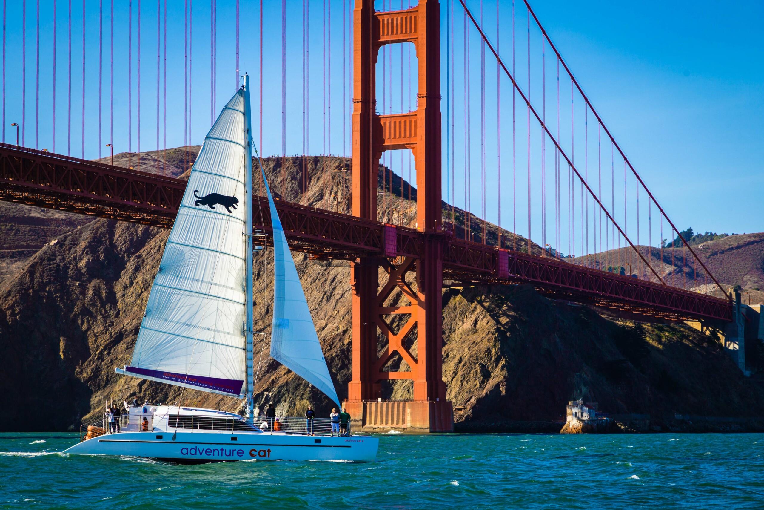 Catamaran on the water in San Francisco bay in front of the Golden Gate Bridge