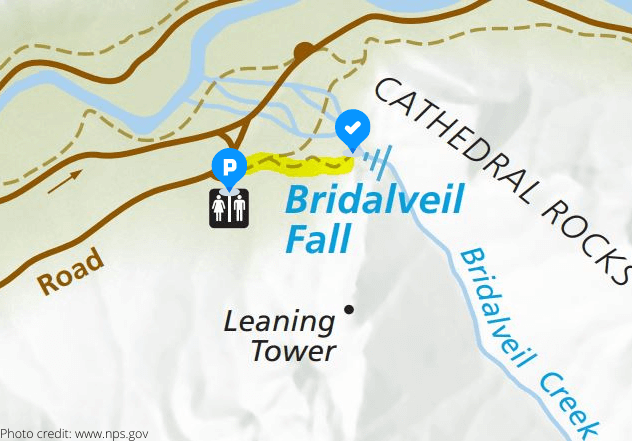 map of the hike to Bridalveil falls