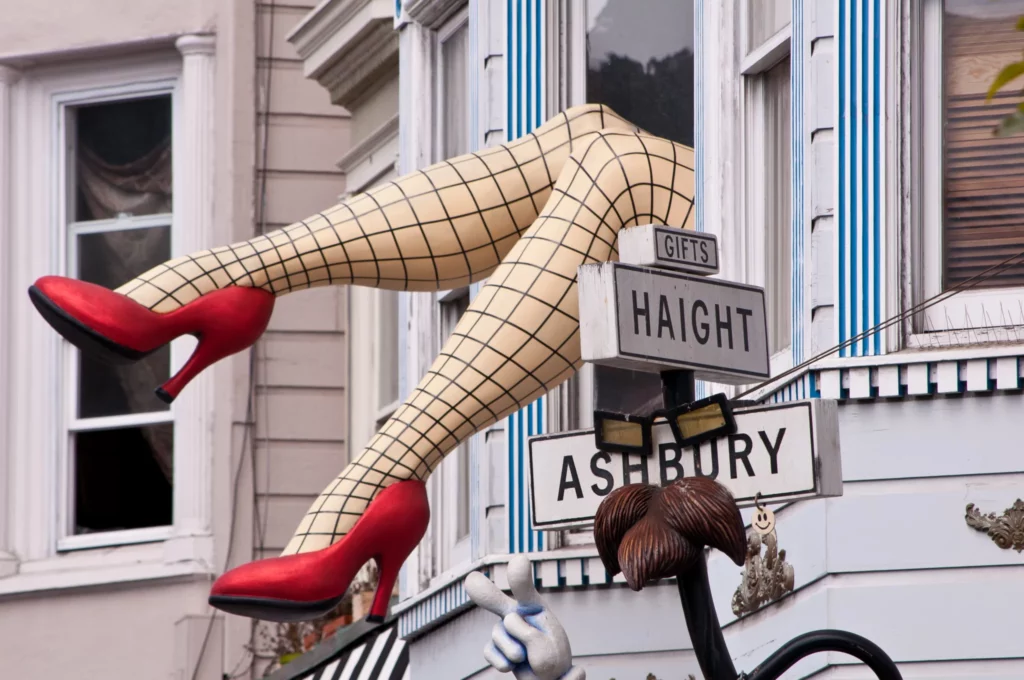 haight ashbury street sign with famous legs statue