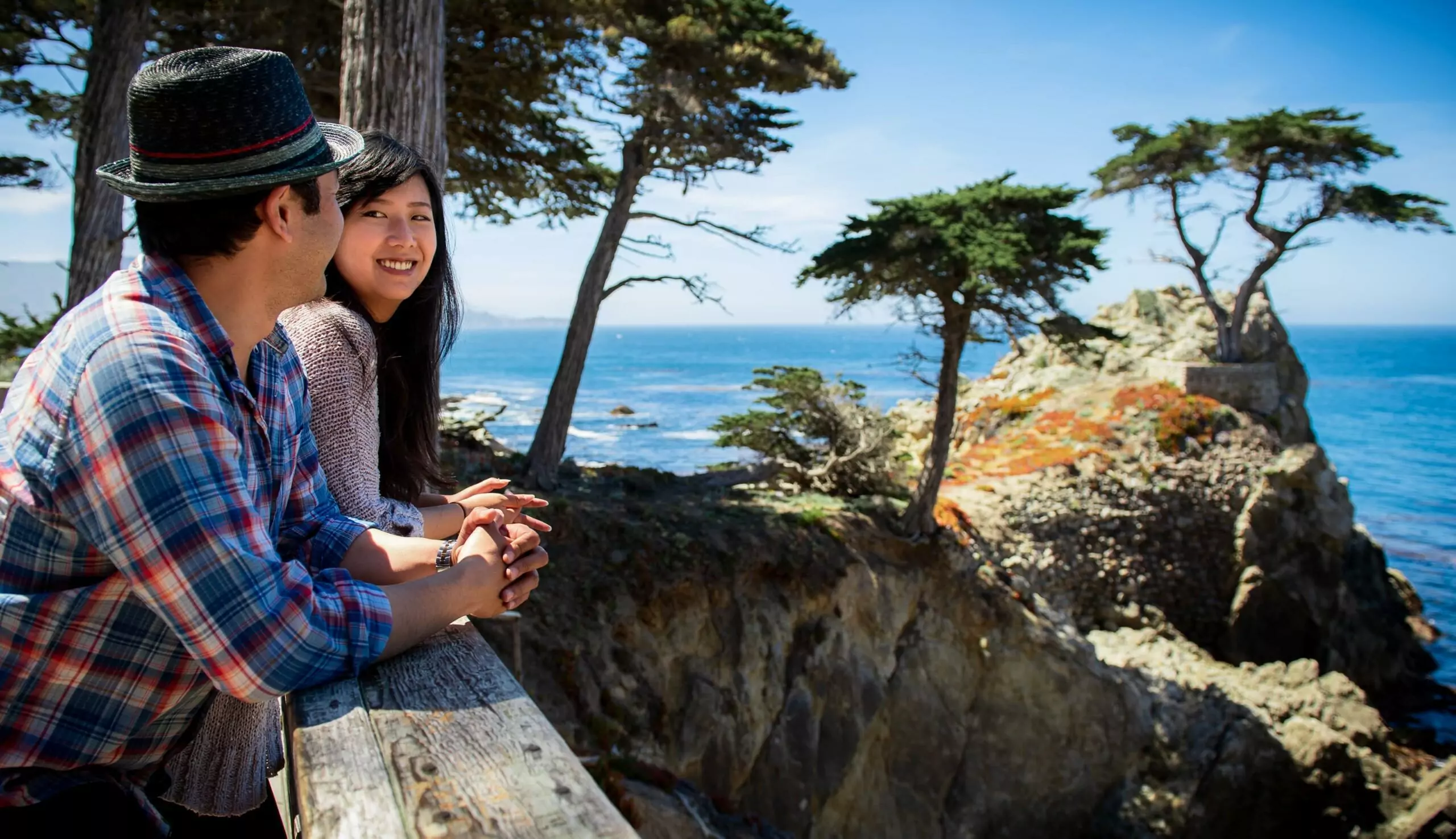 couple looking at the lone cypress tree