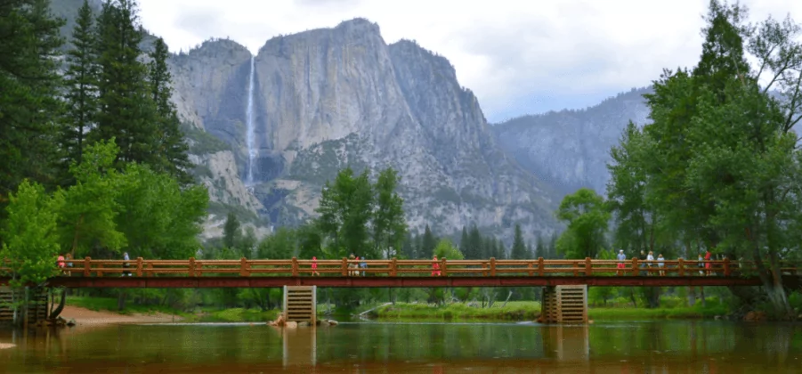 yosemite waterfall from swinging bridge