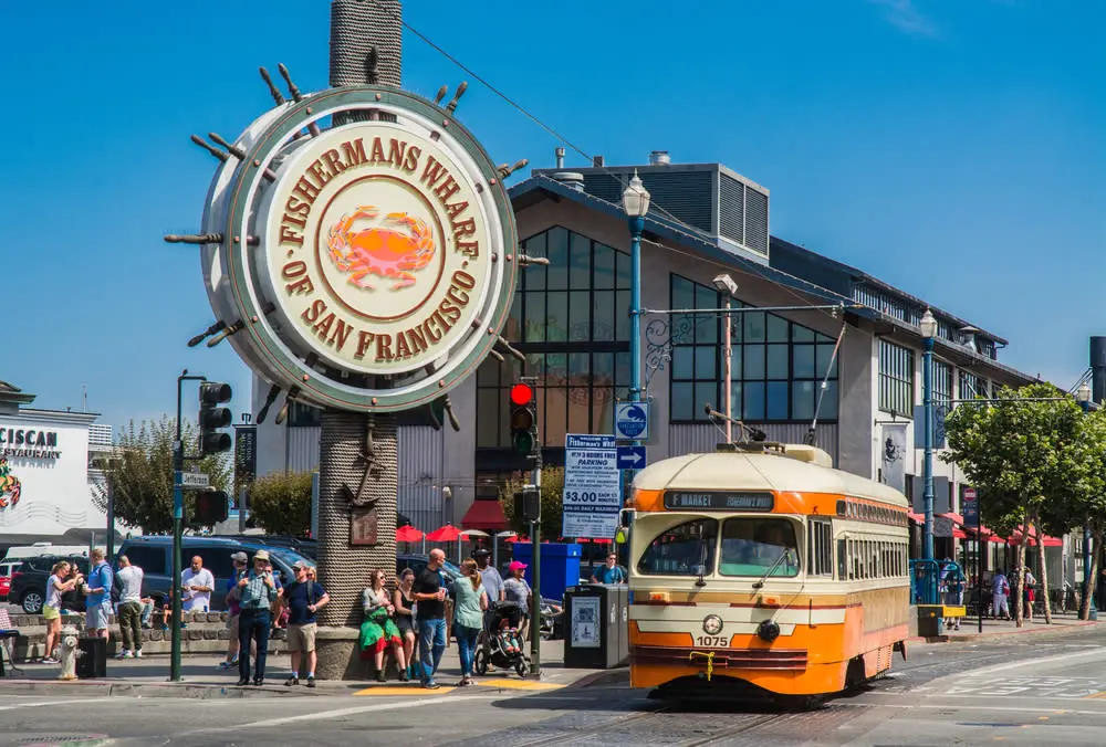 photo of fisherman's wharf sign with san francisco's streetcar