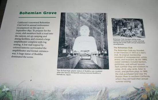 Placard about Bohemian Grove and its Club, located in Muir Woods National Monument.