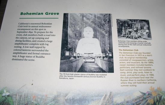 Placard about Bohemian Grove and the Bohemian Club, located in Muir Woods National Monument.