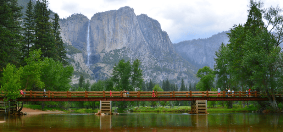 brinde in front of Yosemite falls