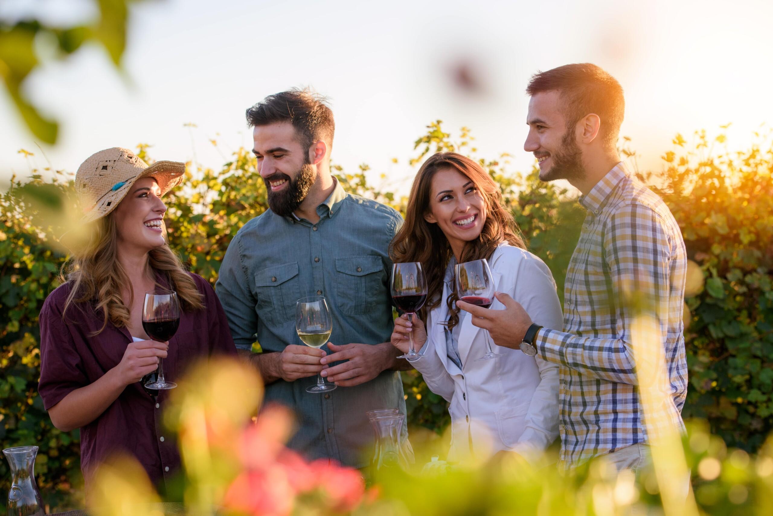 Group of people standing with glasses of wine in the vineyard