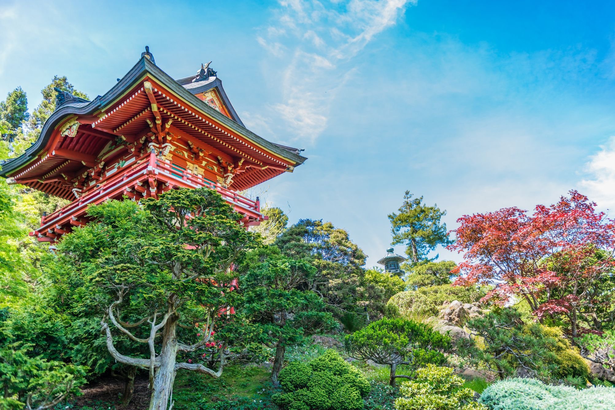 a red structured Japanese tea garden surrounded by trees