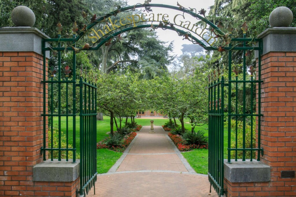 a photo of an open gated entry way of the Shakespeare garden