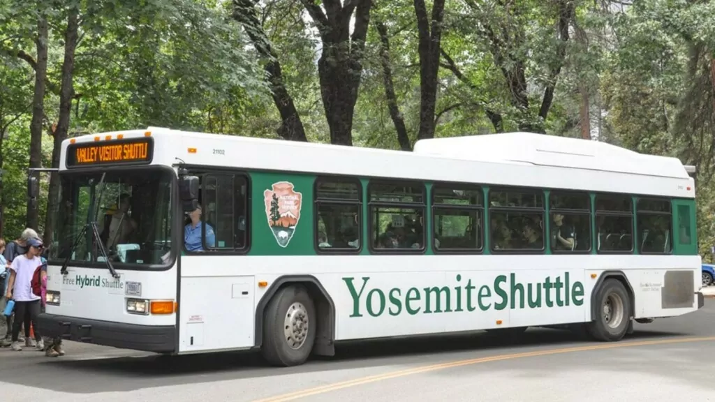 tourists boarding Yosemite valley shuttle