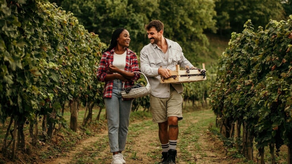 a couple walking in the middle of a vineyard with baskets in hand