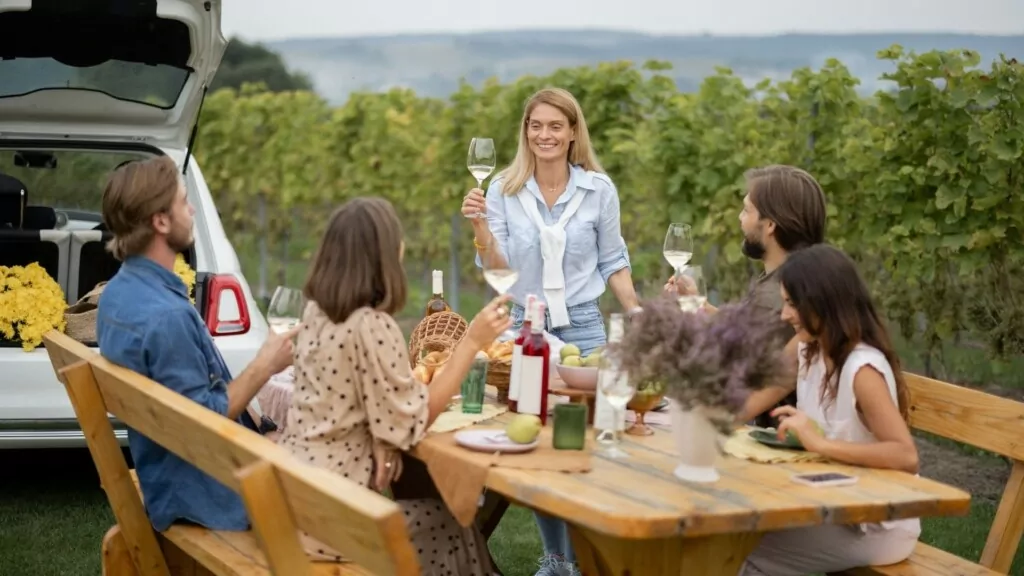 a group of people gathered around a picnic table with glasses of wine in hand in California wine country 