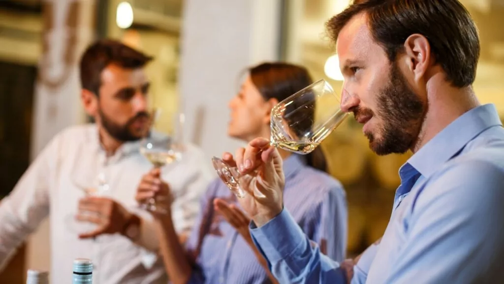 a man smelling white wine at a wine tasting in California wine country