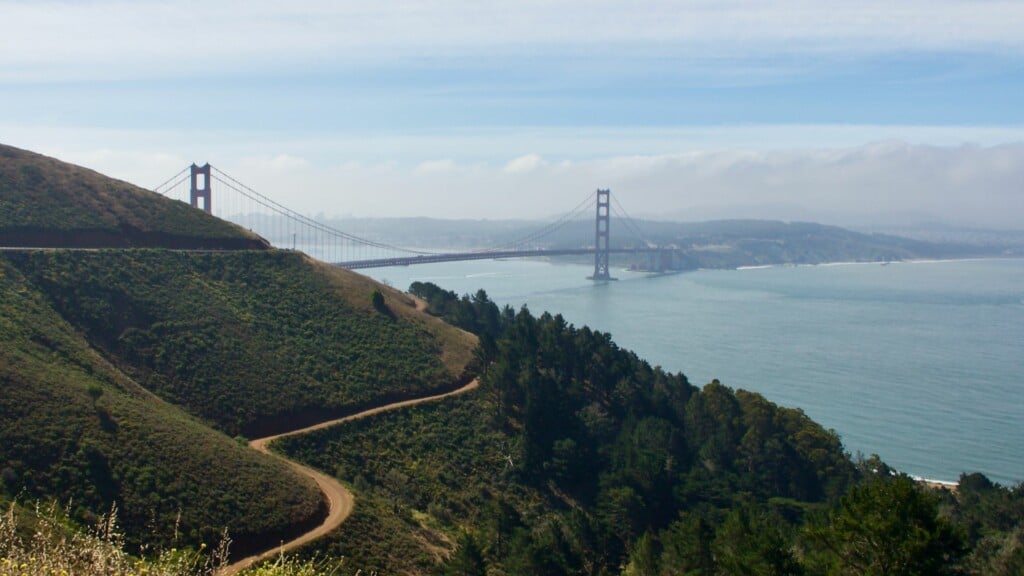 view of Marin Headlands with the Golden Gate Bridge in the background 