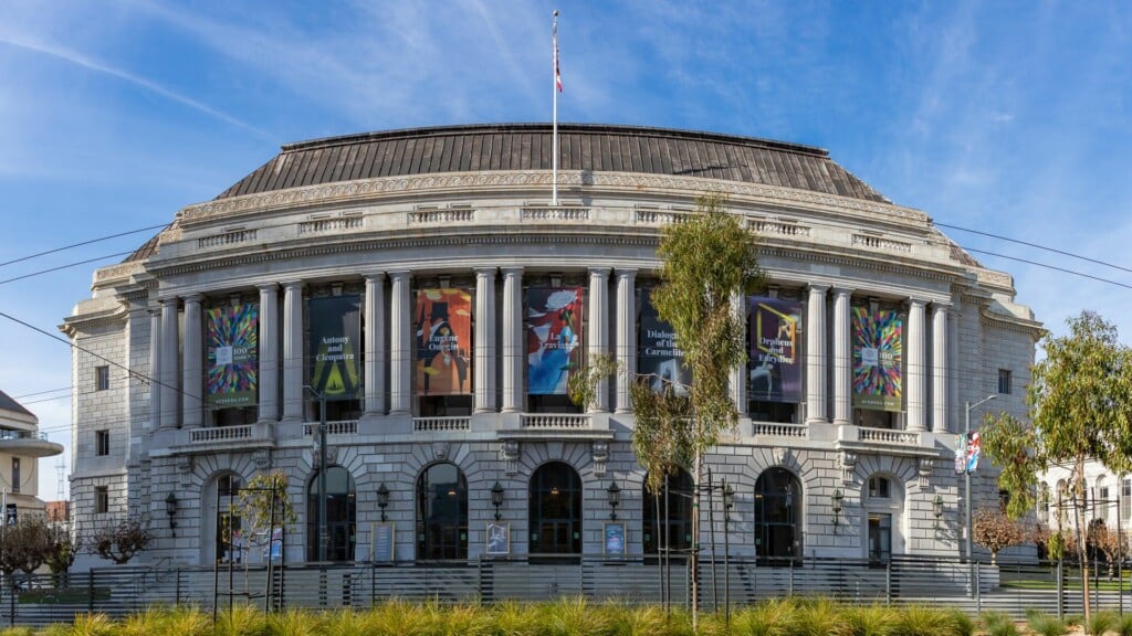 a photo of War Memorial Opera House with a glass painted murals