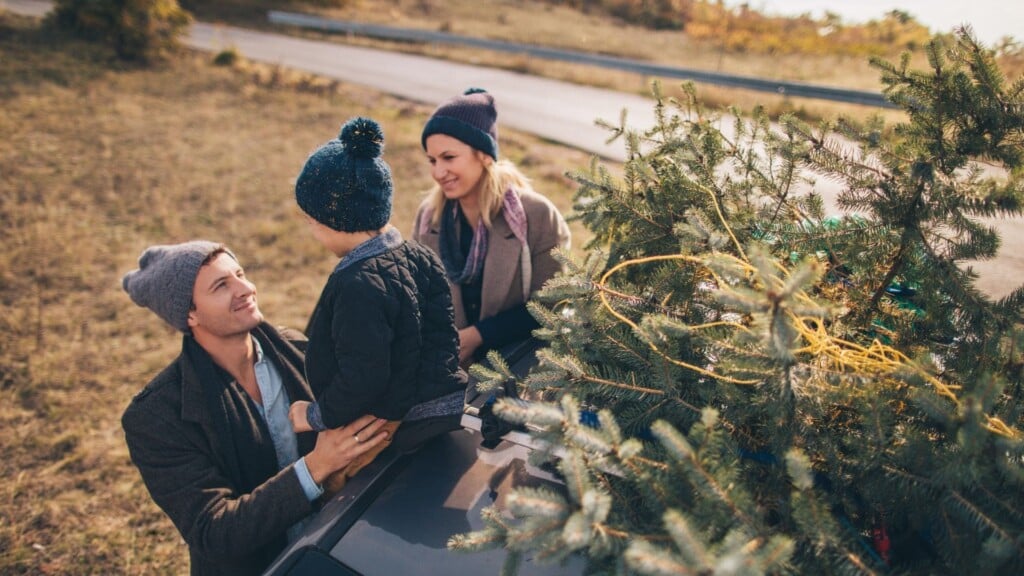 a family of three wearing bonnets beside a fir tree  