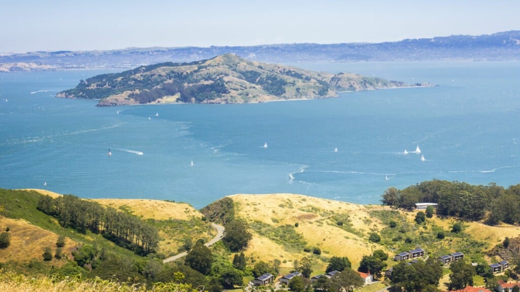 view of the angel island from the top of a hill taken during a day trip from san francisco