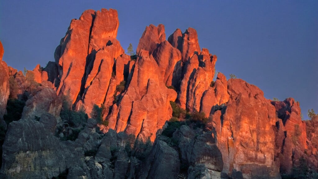 a rock formation in Pinnacles National Park during sunset 