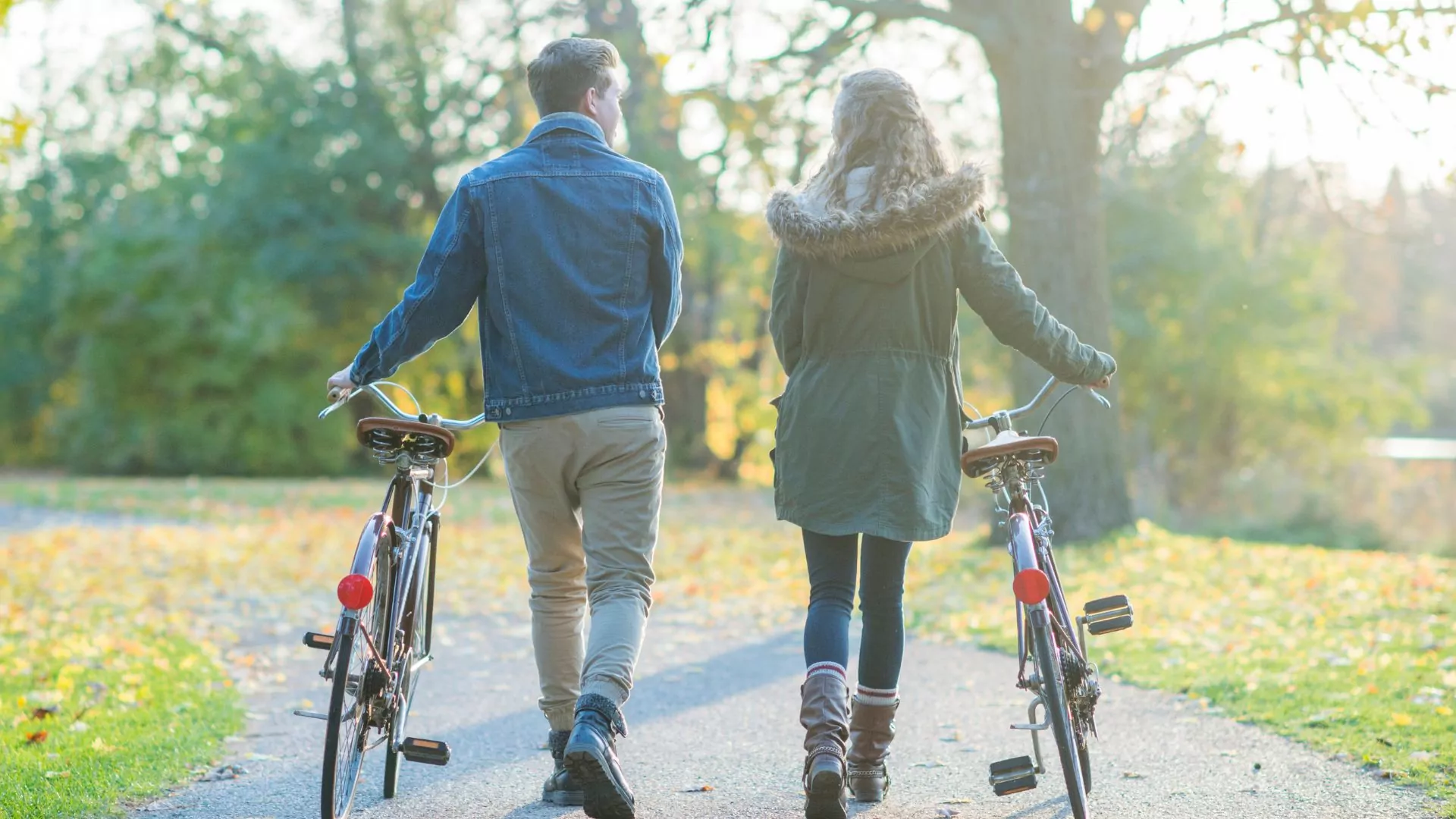 A couple walks side by side along a tree-lined path in a park during autumn, each holding a bicycle.