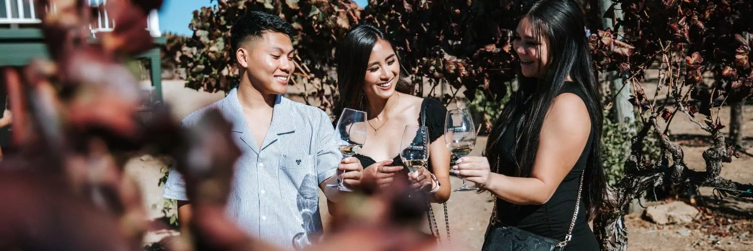 Three friends are enjoying a wine tasting outdoors, smiling and toasting among vineyard vines.