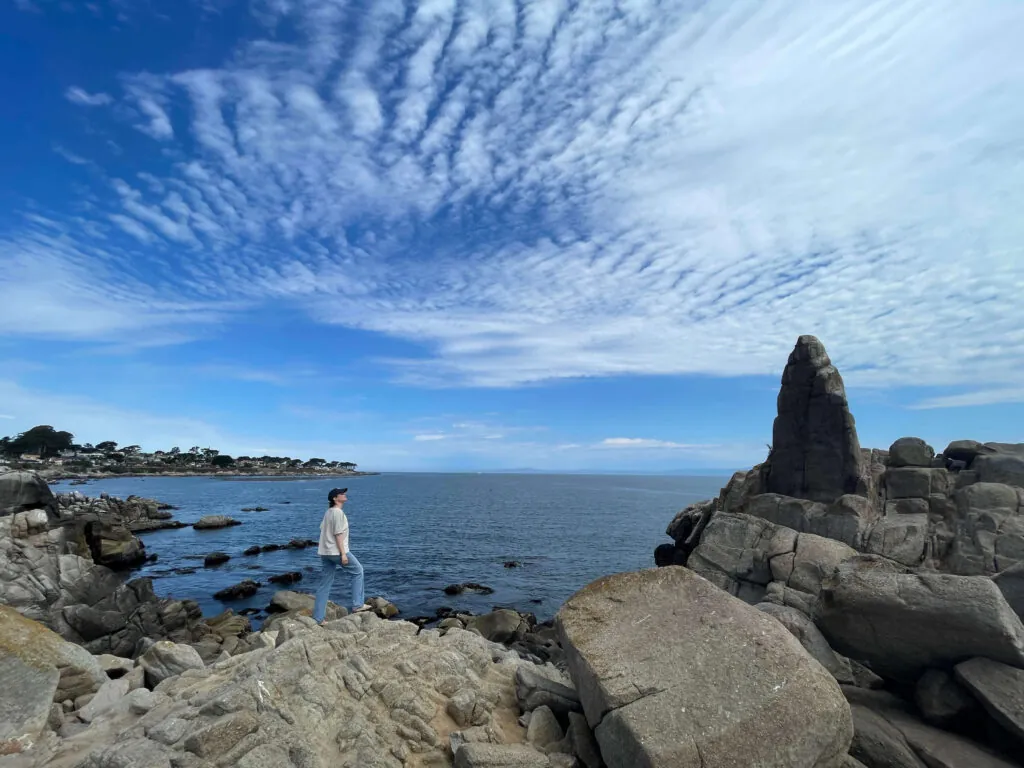 Person standing on rocky shore looking out at the ocean beneath a wide sky filled with textured clouds.