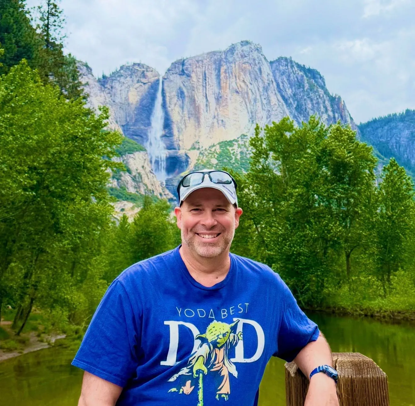 Toby smiling at Yosemite Falls.